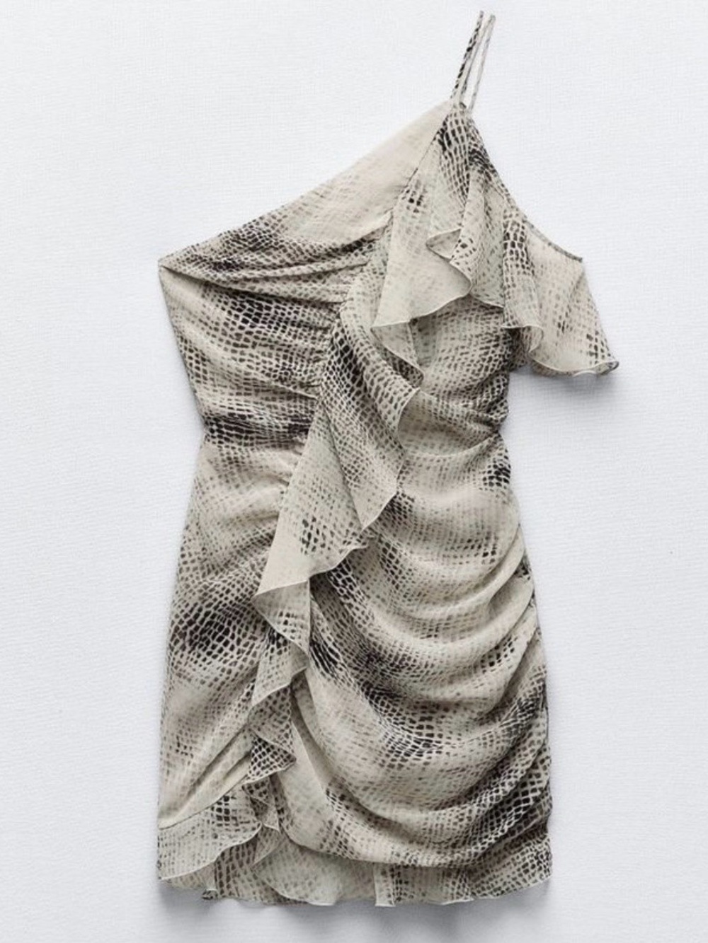 Zara One-Shoulder Ruffle Dress in Neutral Snake Print